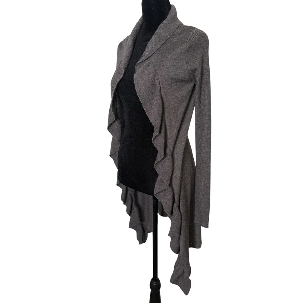 Kinross Cashmere Ruffle Open‎ Front Cardigan Sweater Size XS Gray Cozy Knit